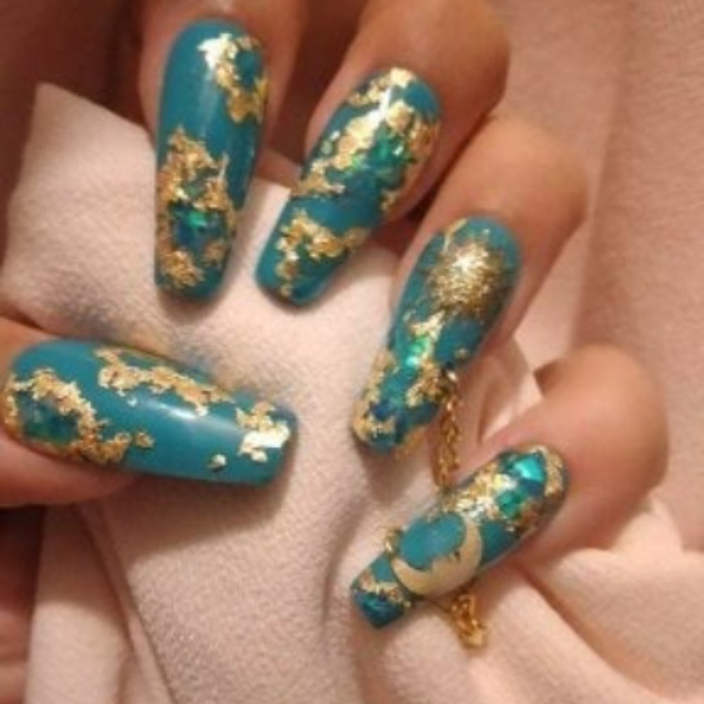 Teal green n gold geode moon n sun press on nails